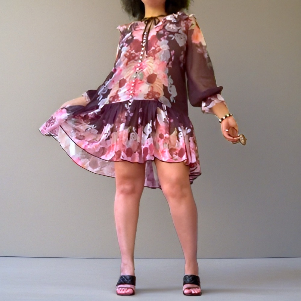 Beulah Style Floral Print Ruffle Long Sleeve Dress Pink Black Size M